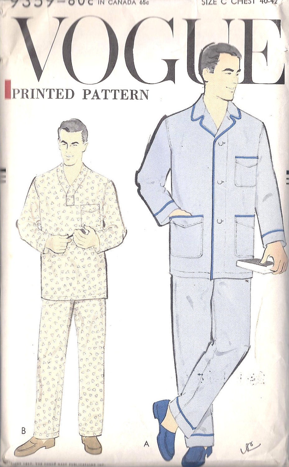1950s Men's Pajamas Vintage Sewing Pattern,Two Piece with Slip over or Button Front top, Mad Men, Vogue 9359 40 to 42" chest