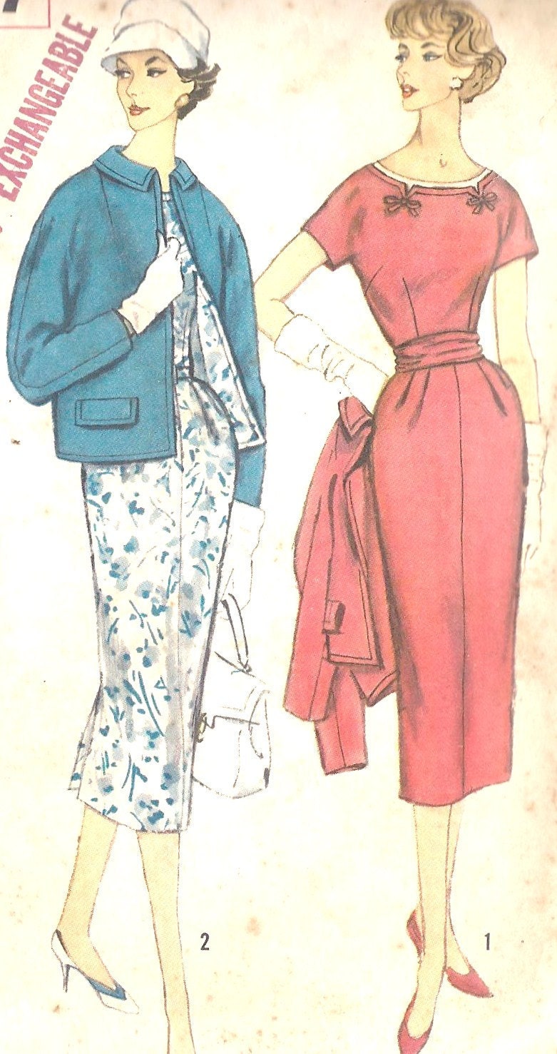 1960s Sheath Slenderette Dress Vintage Sewing Pattern, Wiggle, Hollywood, Glam with Matching Jacket Simplicity Pattern 2387 Bust 37"