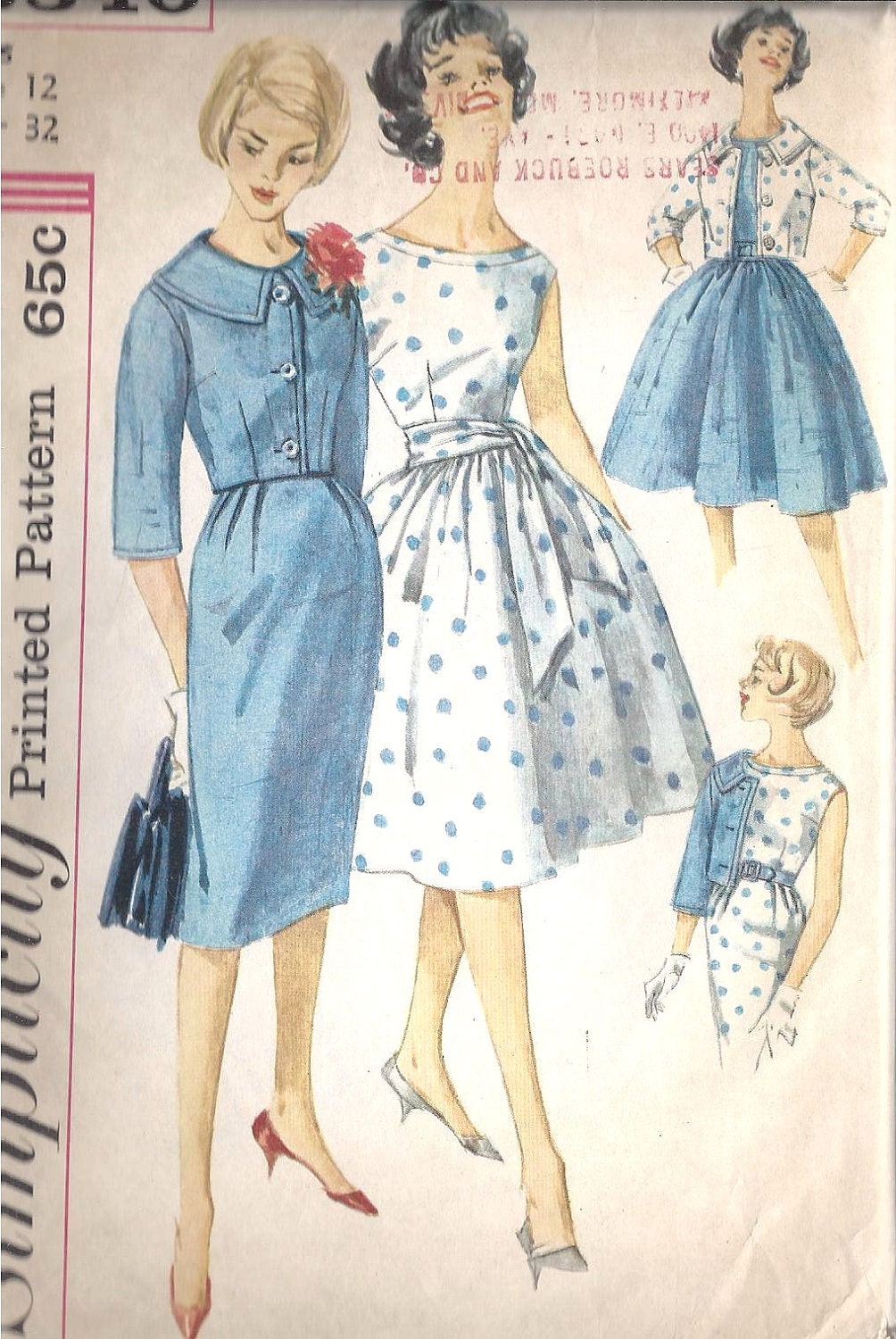 1960s Misses One-Piece Dress Vintage Sewing Pattern, Full or Wiggle Skirt and Jacket, Sexy, Sash, Simplicity 3340 Bust 32"