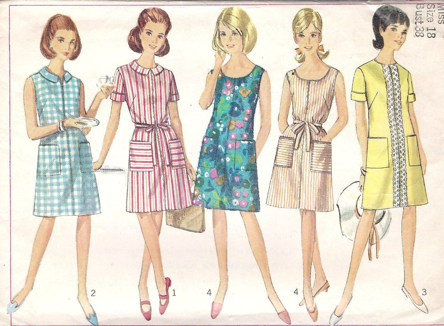 1960s Womens Plus Size Summer One Piece Dress Vintage Sewing Pattern, Simplicity 7025 bust 38"