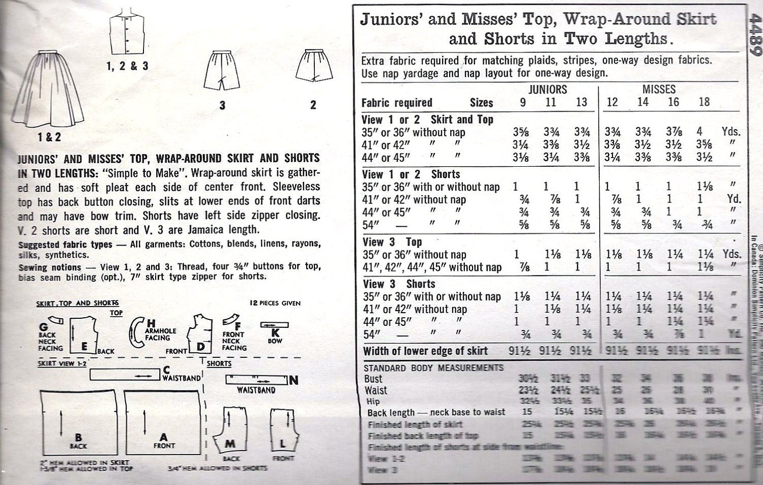 1960s Misses' top, wrap-around skirt and shorts in two lengths, Vintage Sewing Pattern, Simplicity 4489 bust 36"