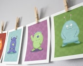 Monster Children Wall Art - Set of 6 Monsters (You Choose) - 5 x 7 Archival Giclee Prints - Kids Wall Art