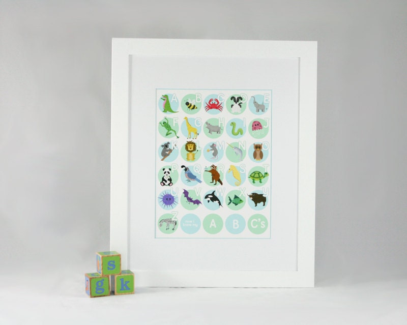 Alphabet Poster -  Alphabet Animals Nursery Art - Blues & Greens - 11x14 Archival Giclee Print