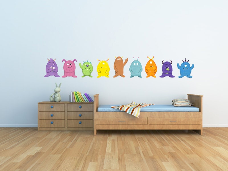 Cute Monster Art Childrens Wall Decals  -  9 Piece Monster Art Decal Childrens Decor -  Childrens Wall Art Nursery Art