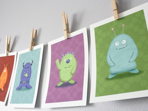 Monster Children Wall Art - Set of 6 Monsters (You Choose) - 5 x 7 Archival Giclee Prints - Kids Wall Art