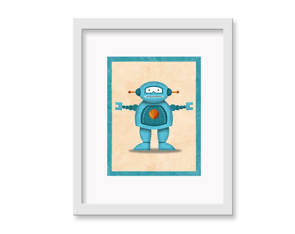Robot Print "Fred" - 11" x 14" Children's Decor Wall Art Print - Children's Retro Robot Theme Room Decor