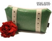 Aqua Glitter Vinyl Cosmetic Bag with Your Choice of Contrast Vinyl, Retro, Seafoam, Mint Green - MADE TO ORDER