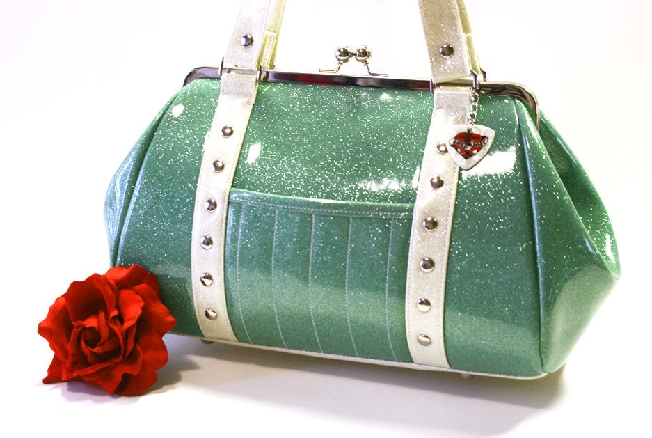 Aqua Glitter Vinyl Purse with Your Choice of Contrast Vinyl, Rockabilly Bag, Seafoam, Mint Green - MADE TO ORDER