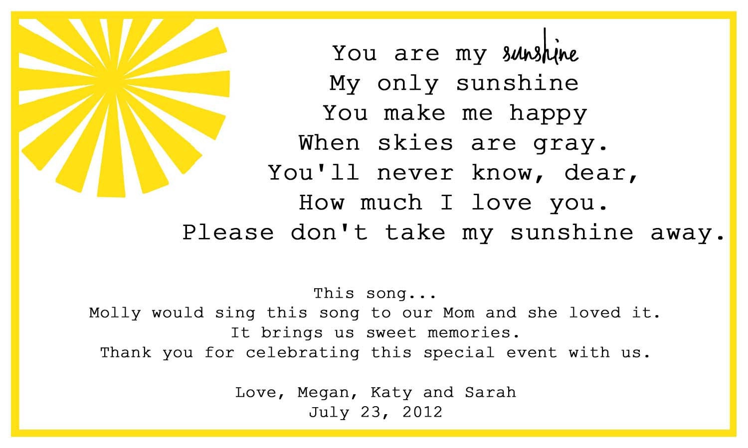 You Are My Sunshine Song Lyrics Card By Megtabdesigns On Etsy