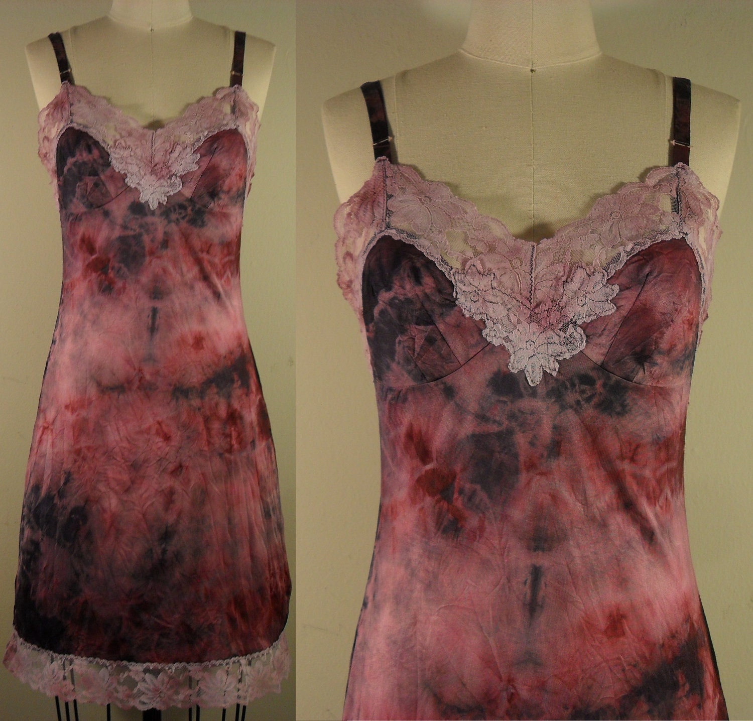 brookes general upcycled hand dyed full slip dress in wine and black- ooak