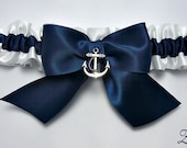 Garter single in white and navy blue satin with a navy blue satin bow and silver anchor charm- Simply Satin