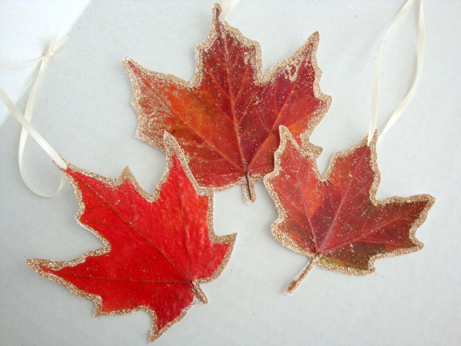 Maple Leaf Ornaments-Real Maple Leaves Glittered for gift tags --Set of 2
