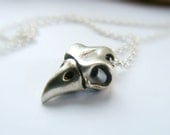 Tiny silver Bird Skull pendant - Halloween sterling silver skull chain and clasp - metalwork crow  necklace