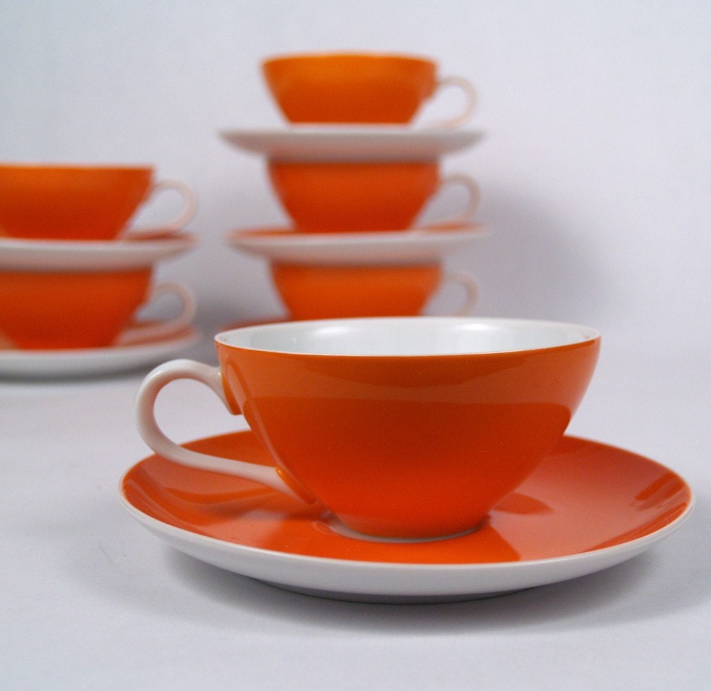 Set of Six Orange Tea Cups and Saucers Marked down by CleoTheRio