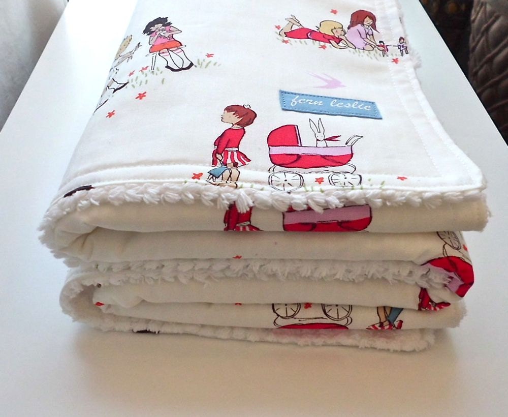 Baby Blanket - Chenille Backed - Red and Pink Children at Play Dolls Print