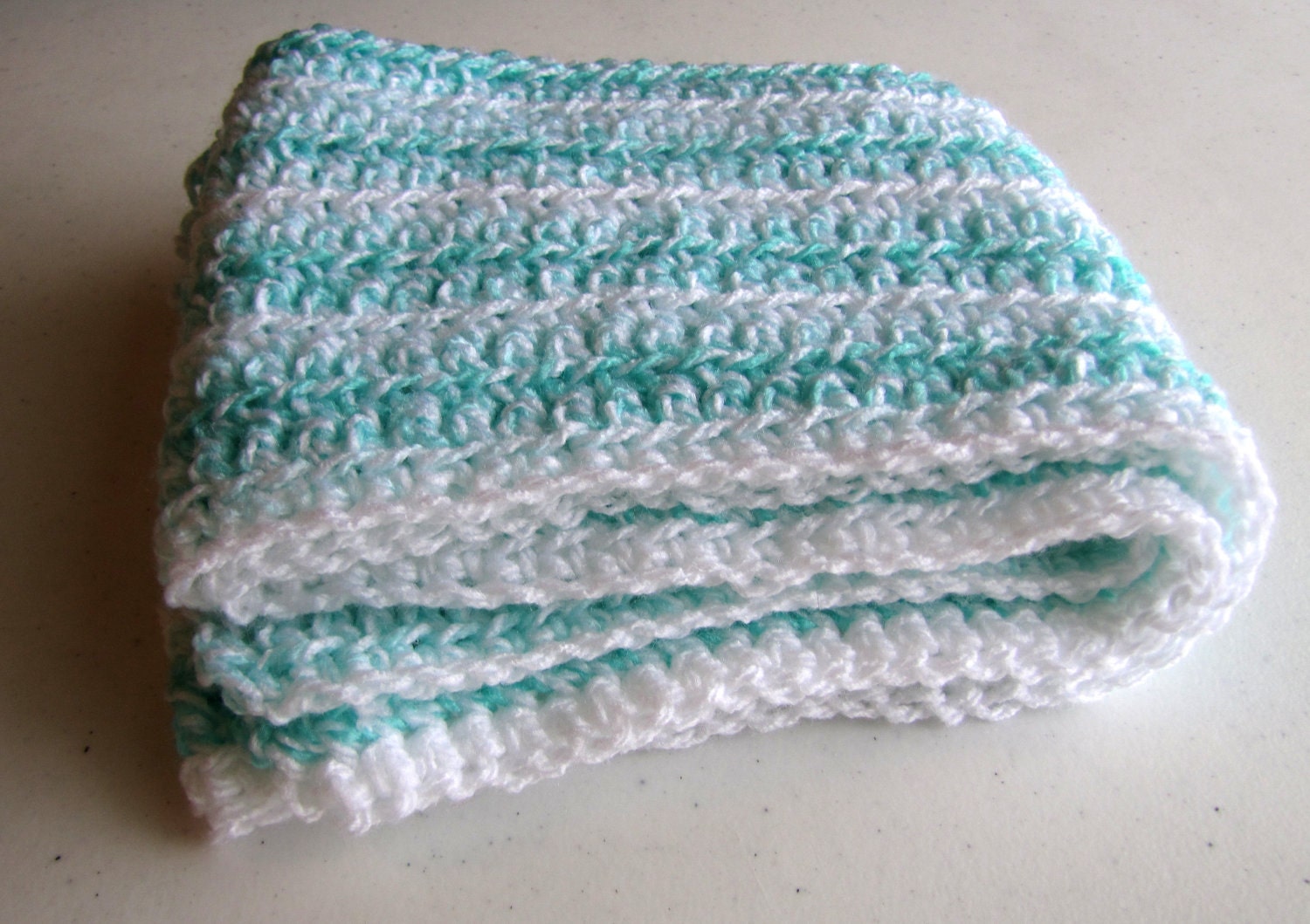 Teal and White Crocheted Scarf