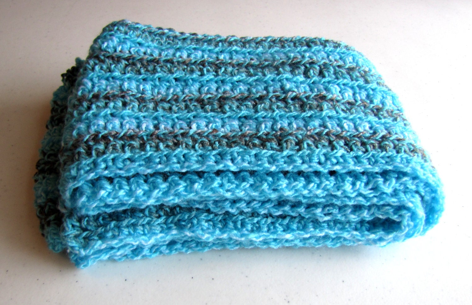 Blue Brown and White Crocheted Scarf