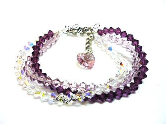 Trio Purple Swarovski Bracelets with extender chain heart tag - PJ170