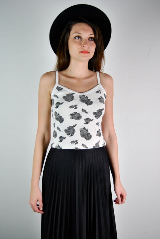 1990's tank top, gothic, baby doll, romantic black rose print, small - medium
