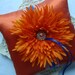 Wedding Ring Bearer Pillow - Orange Spider Mum on Persimmon Orange Satin & Royal