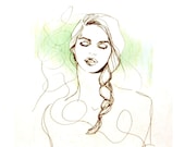 pen and ink fashion doodle portrait of Girl with braid 8"x10" print