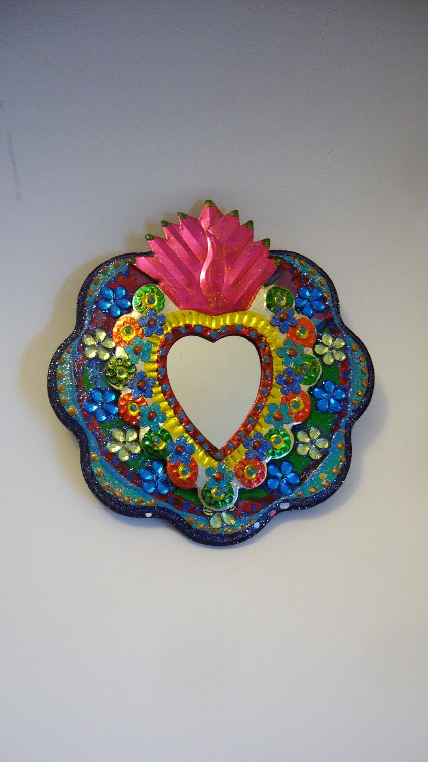 Mexican tin sacred heart mirror wall art by TheVirginRose on Etsy
