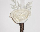 Rose Balsa Wood Flower Boutonniere with Dusty Miller, Brown Ribbon