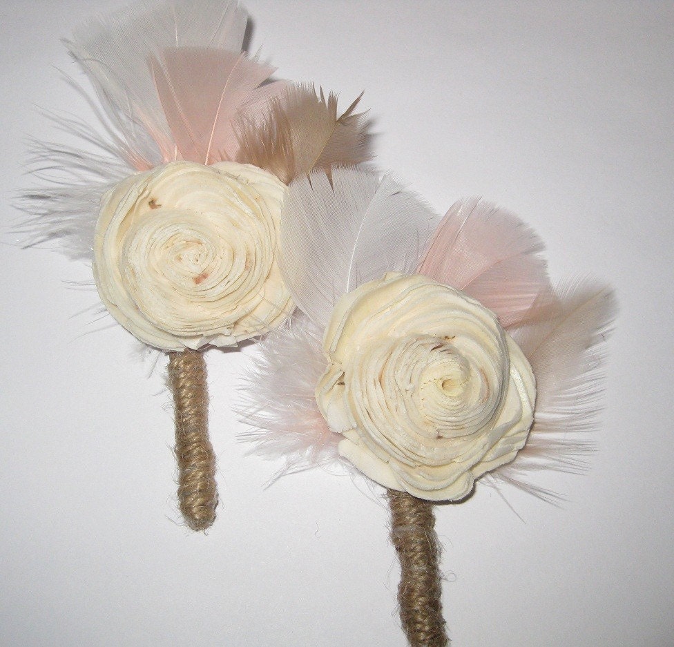 Balsa Wood Flower Boutonniere with feathers by ReflectGlamour