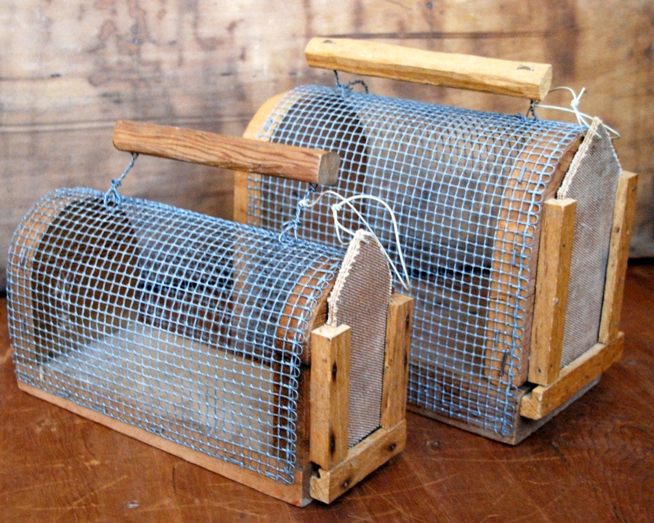 Two Handcrafted Vintage Wire Crates, Carriers, Photography Prop