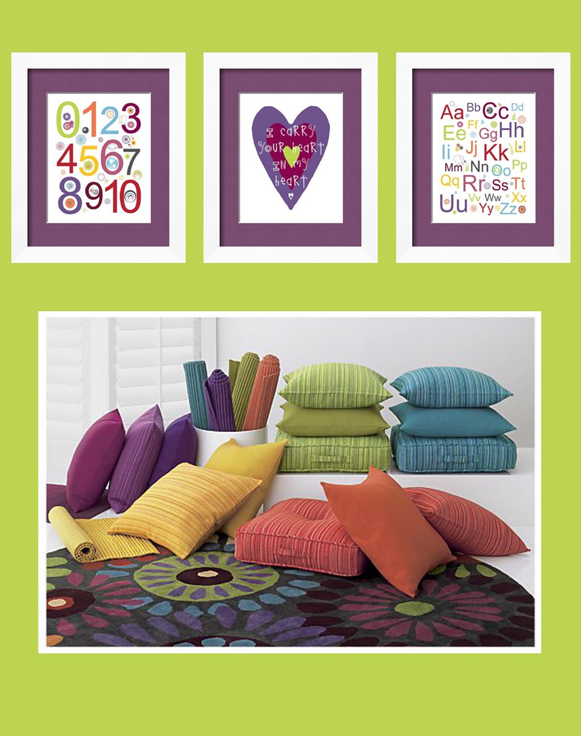 Kids Wall Art Alphabet Numbers and Heart Prints Classroom Playroom Art Set of 3  purple, orange, yellow, green,gray, red and blue 8x10