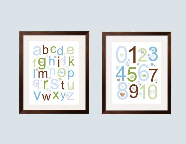 Alphabet and Numbers 11x14 2 pc Modern Children's Art in green, brown, tan and blue