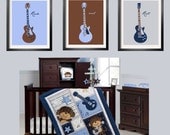 Guitar Prints in baby blue, brown, navy and silver 3 pc set 11x14 Looks great with Carter's Monkey Rockstar Bedding  by Yassisplace.etsy.com