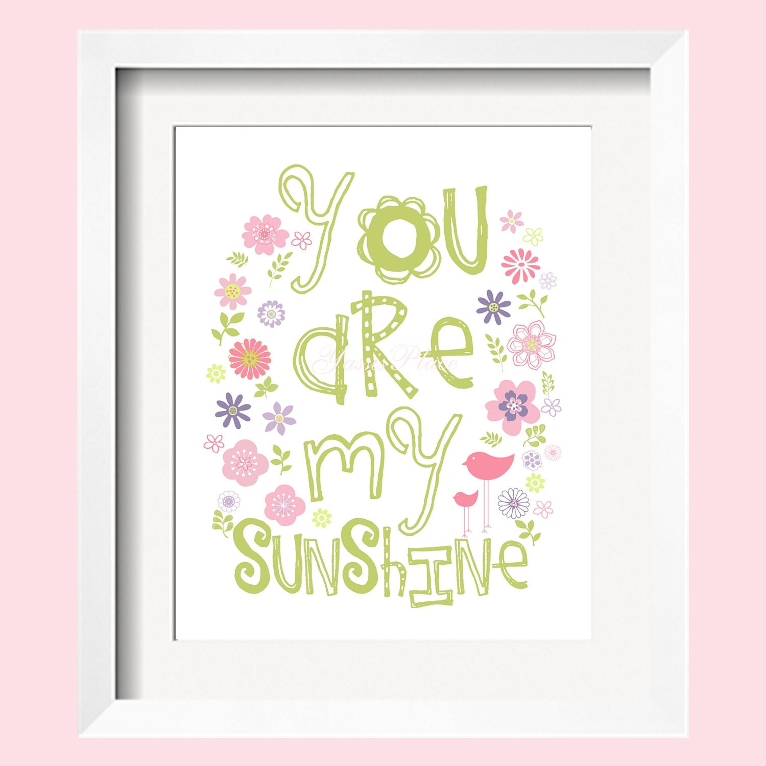 Wall art for kids You Are My Sunshine  Whimsical Art Poster in pink, purple and green 16x20 by YassisPlace