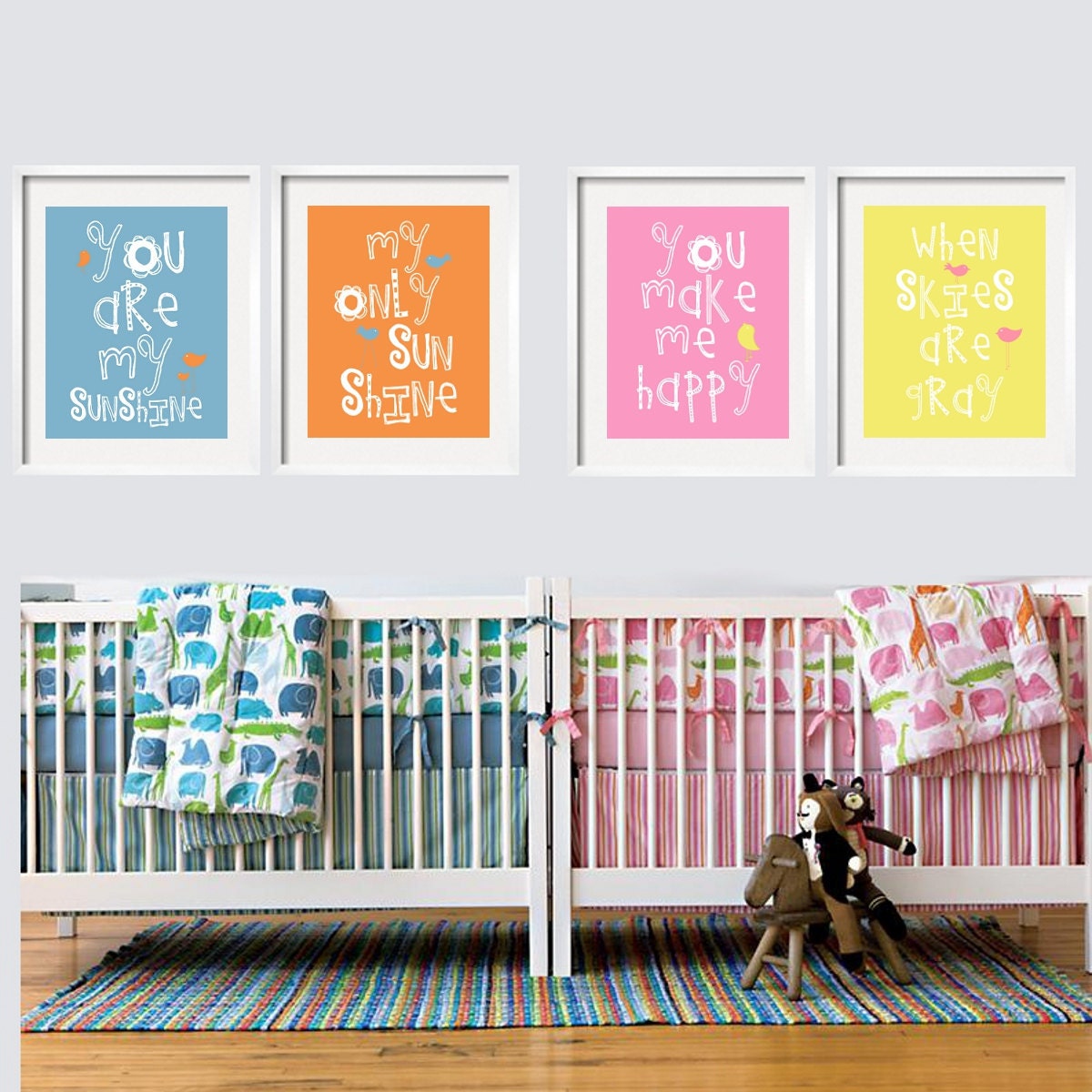You Are My Sunshine Prints -For a Twin Nursery 4 pc Set 11x14 in  Customize your colors by YassisPlace