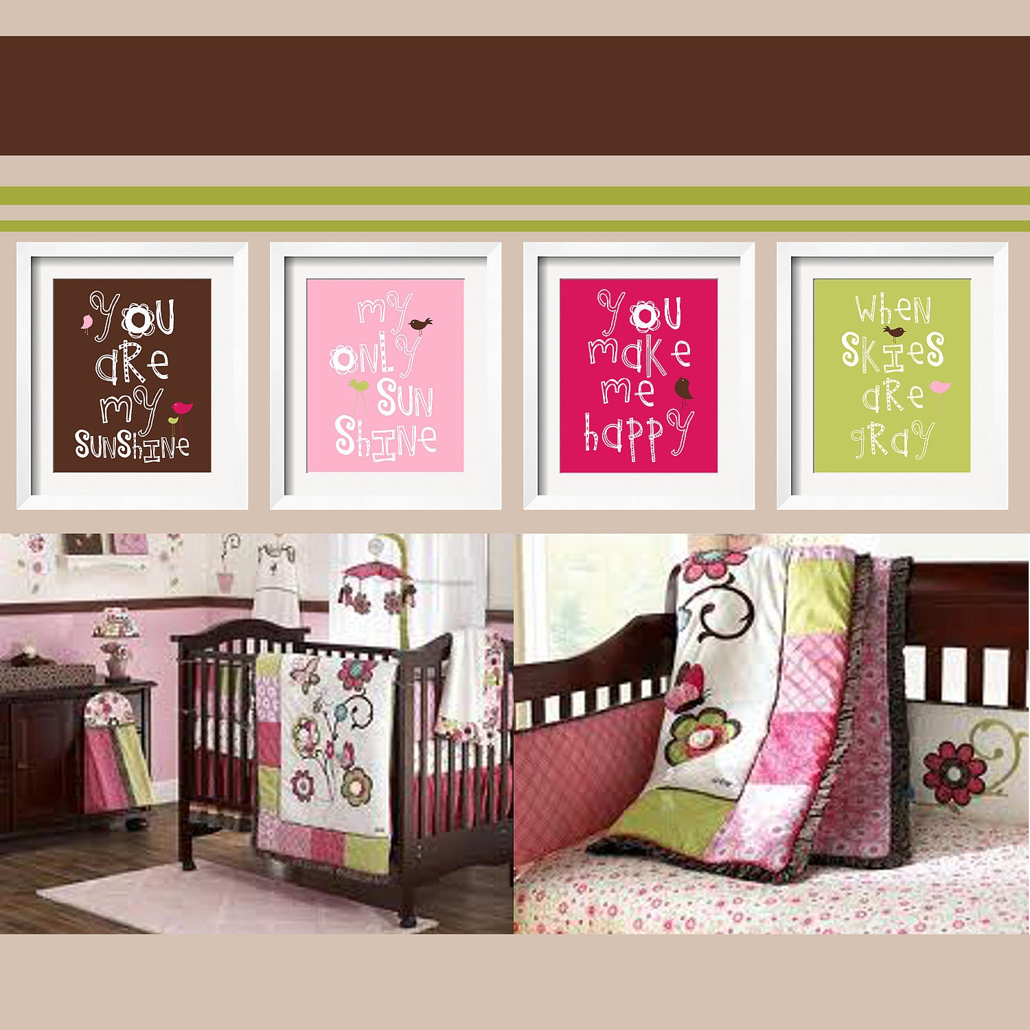 You Are My Sunshine 4 pc Set For Girls Bedroom 5x7 in chocolate, pink, raspberry and lime green For Cocalo's Taffy Bedding by YassisPlace