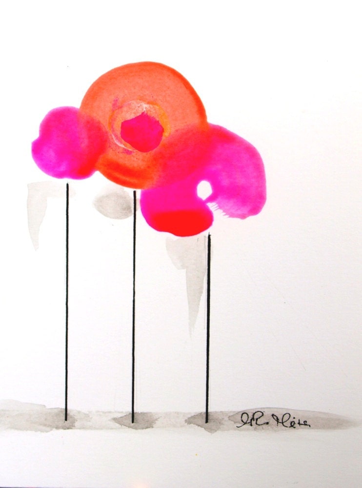 Neon Pink Orange, Abstract, Garden Flower, Painting, Ink, Acrylic, Original, 8 x 6 inch