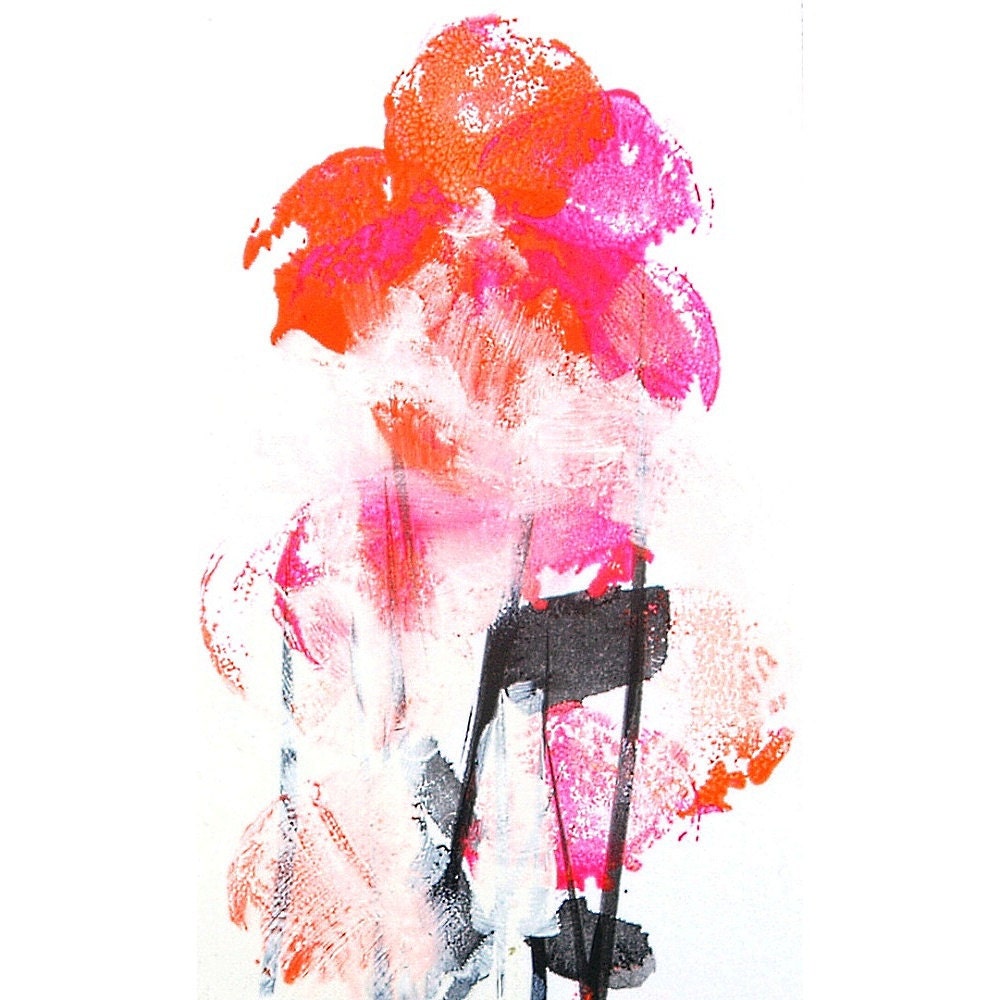 Neon Pink Orange, Abstract, Tulip Flower, Painting, Ink, Acrylic, Original, 12  x 4 inch