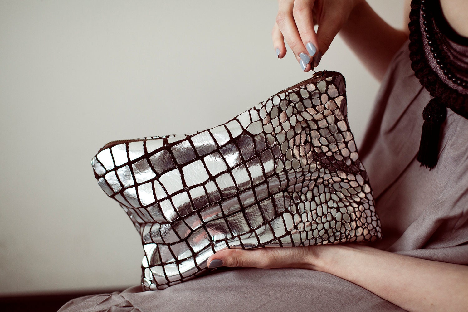Safari Silver Foil Leather Pouch No. ZPL-1001
