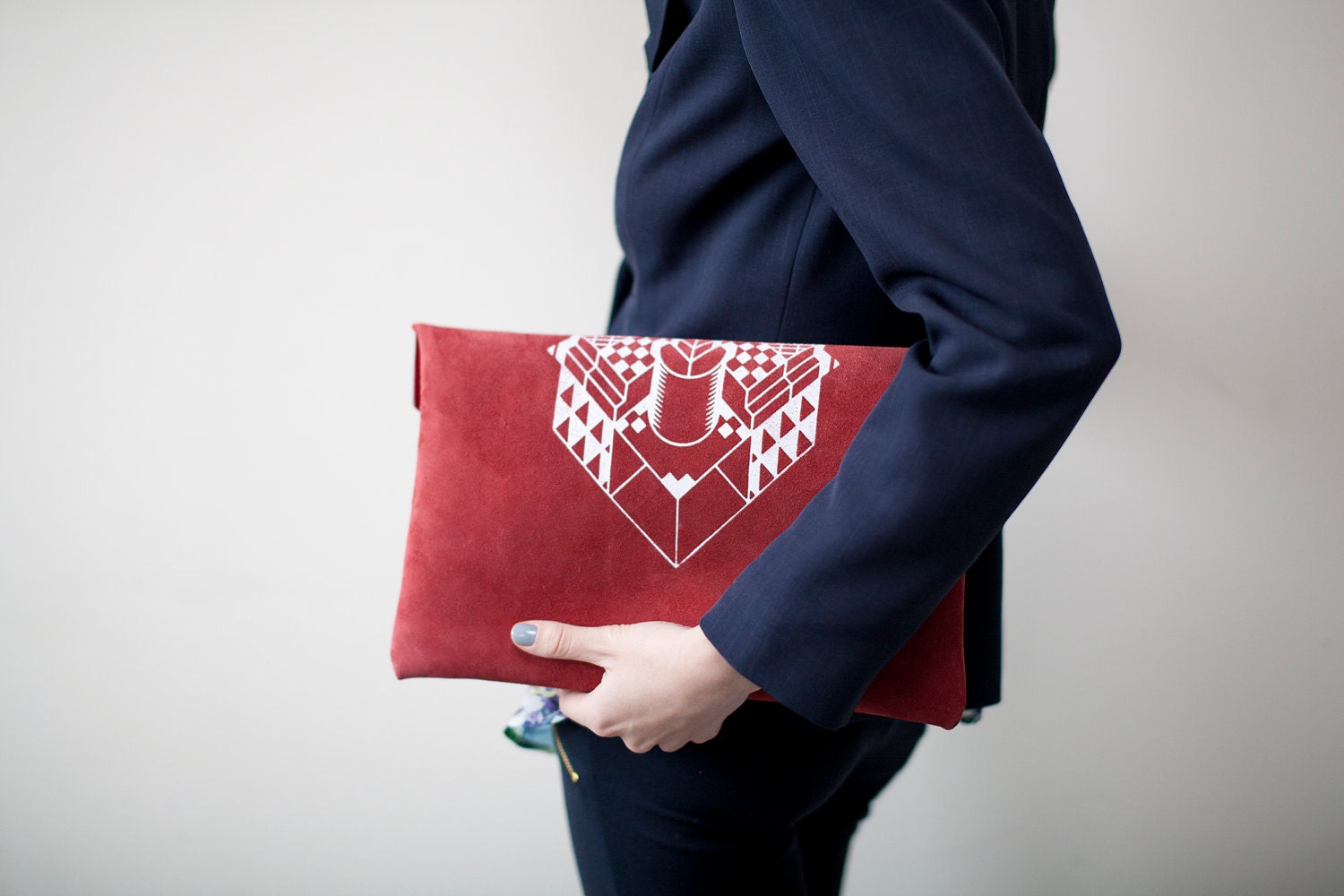 Envelope Bag Geometrical Illusion Printed  Leather Suede Red with White