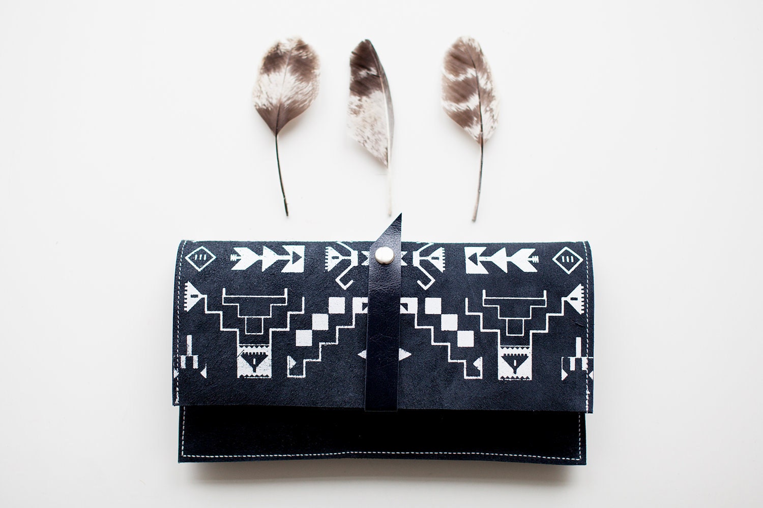 Tribal Pattern Leather Suede Navy Blue with White No. LP-101