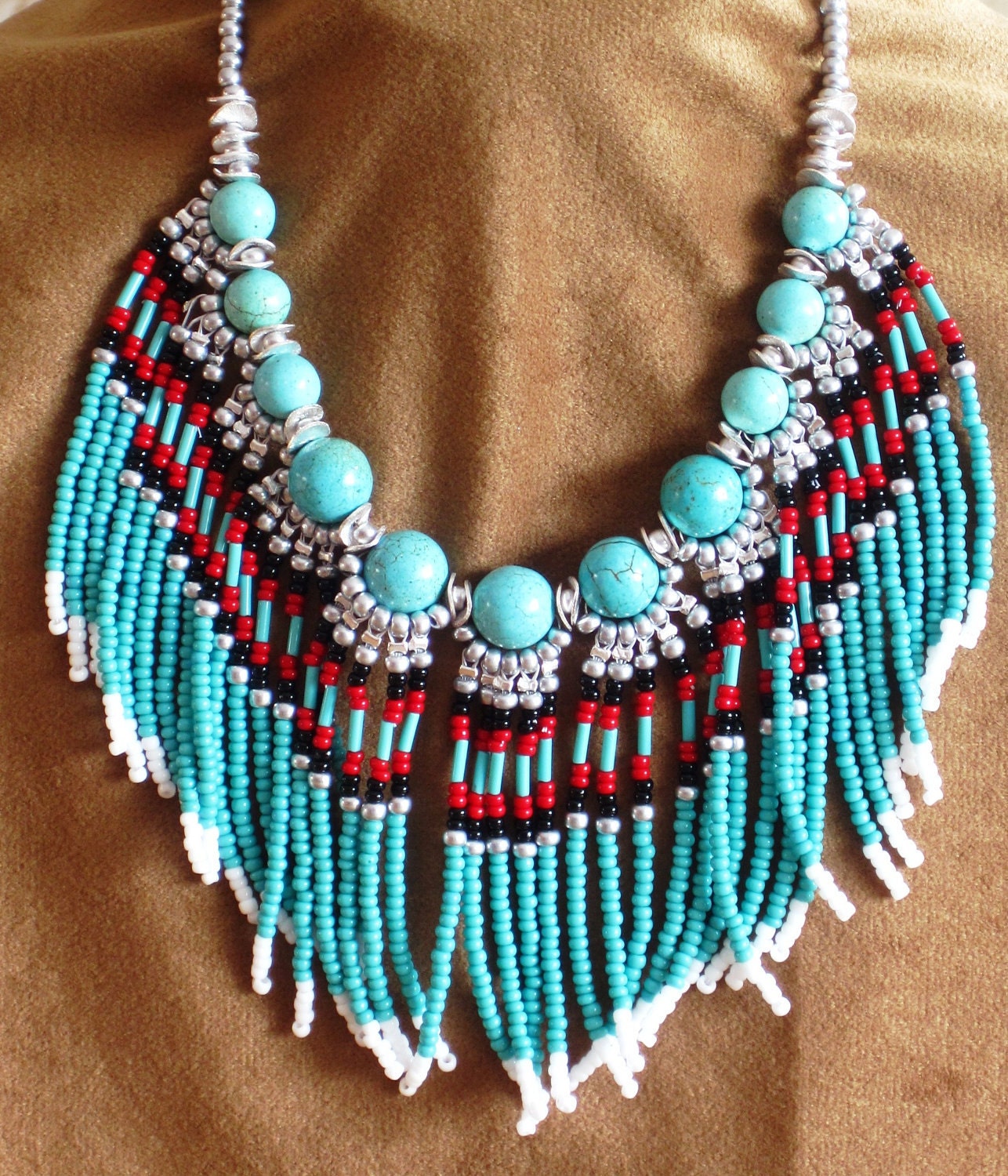 Native American style fringed beaded necklace in turquoise and silver