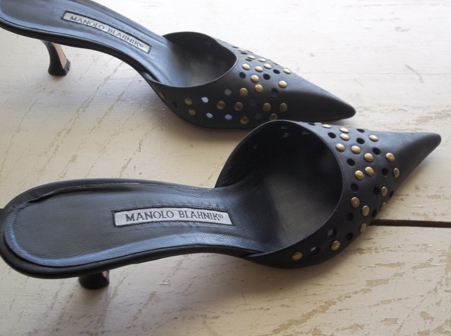 Manolo Blahnik Mules / Black Leather Kitten Heels / Gold Stud Detail / USA 6.5 6