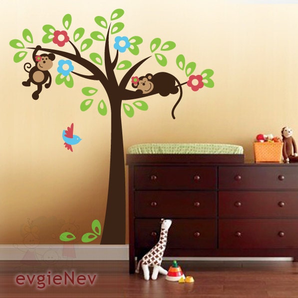 Nursery Kids Removable Wall Vinyl Decal - Little Monkeys on the Tree with Bird - PLSF030L