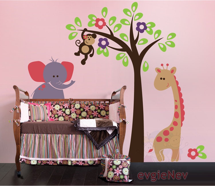 Nursery Wall Decal - Safari Monkey on the Tree with Giraffe and Elephant - PLSF050L