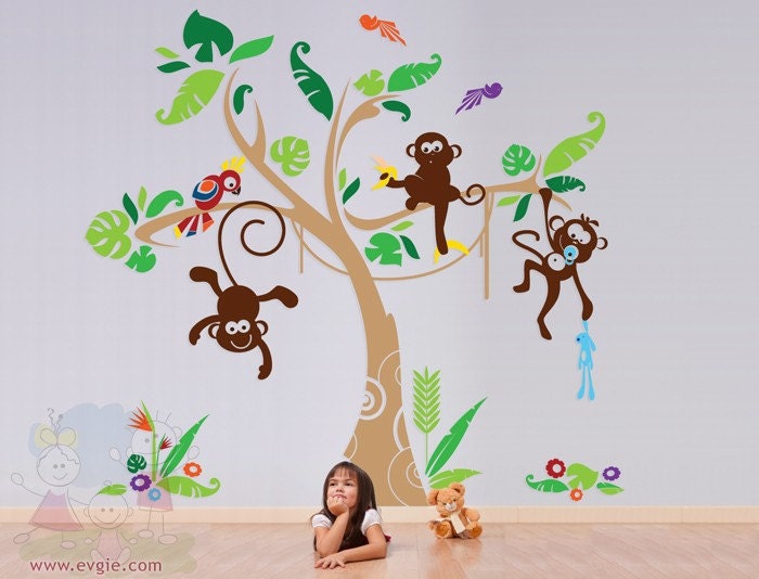Children Wall Sticker Wall Decal VInyl tree decal - Monkey Tree with Parrot - Wall Stickers For Kids Room - PLJN030L
