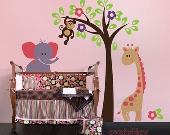 Nursery Wall Decal - Safari Monkey on the Tree with Giraffe and Elephant - PLSF050L