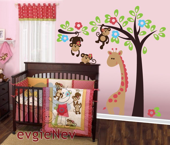 Children Wall Decal Wall Sticker Kids Wall decal Art - Monkeys on the Tree Jungle with Giraffe Wall Stickers - PLSF020R
