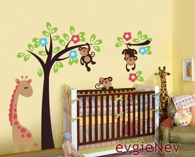 Decals for Nursery - Jungle Animals Wall Decal Monkey on the Tree with Giraffe - Vinyl Children Baby Kid Boy Girl - PLSF020R