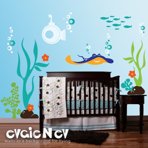 Underwater Wall Decals Fish Wall Sticker - Underwater Theme with Ray, Submarine, Seaweed and Fish Wall Stickers - PLUW010R