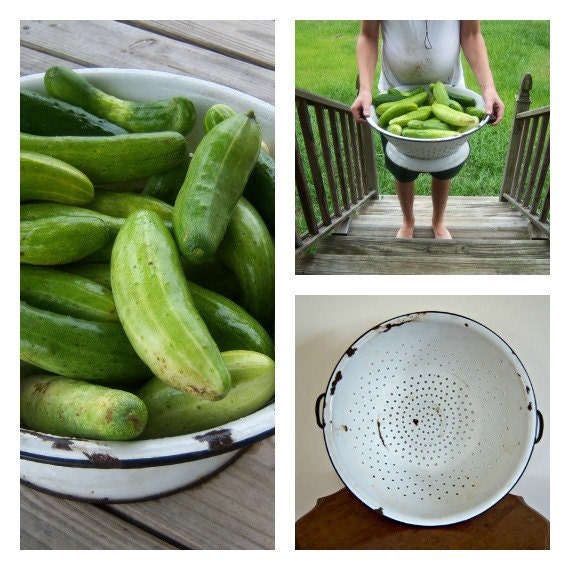 Vintage Enamelware Colander White Black Trim Handles